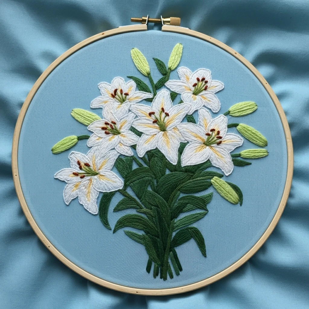 White Lilies Embroidery Art