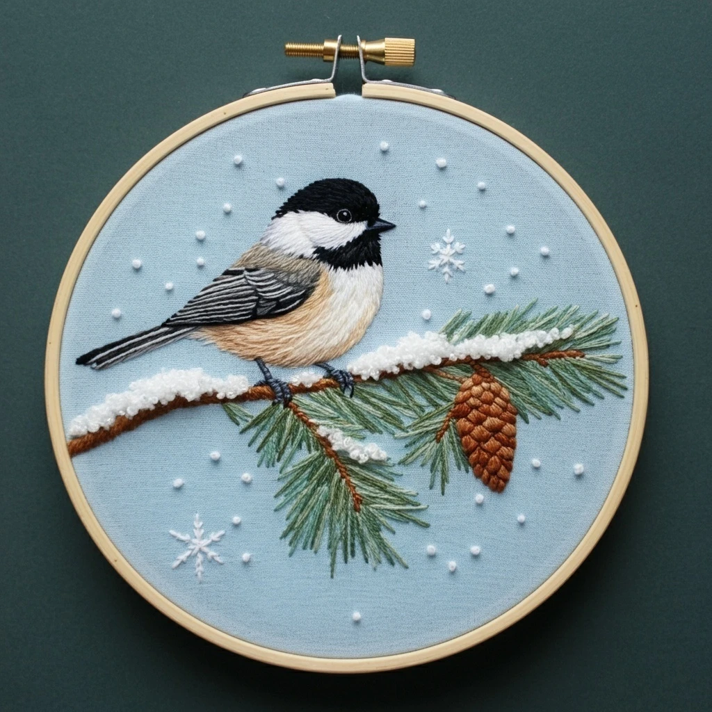 Winter Chickadee Embroidery Art