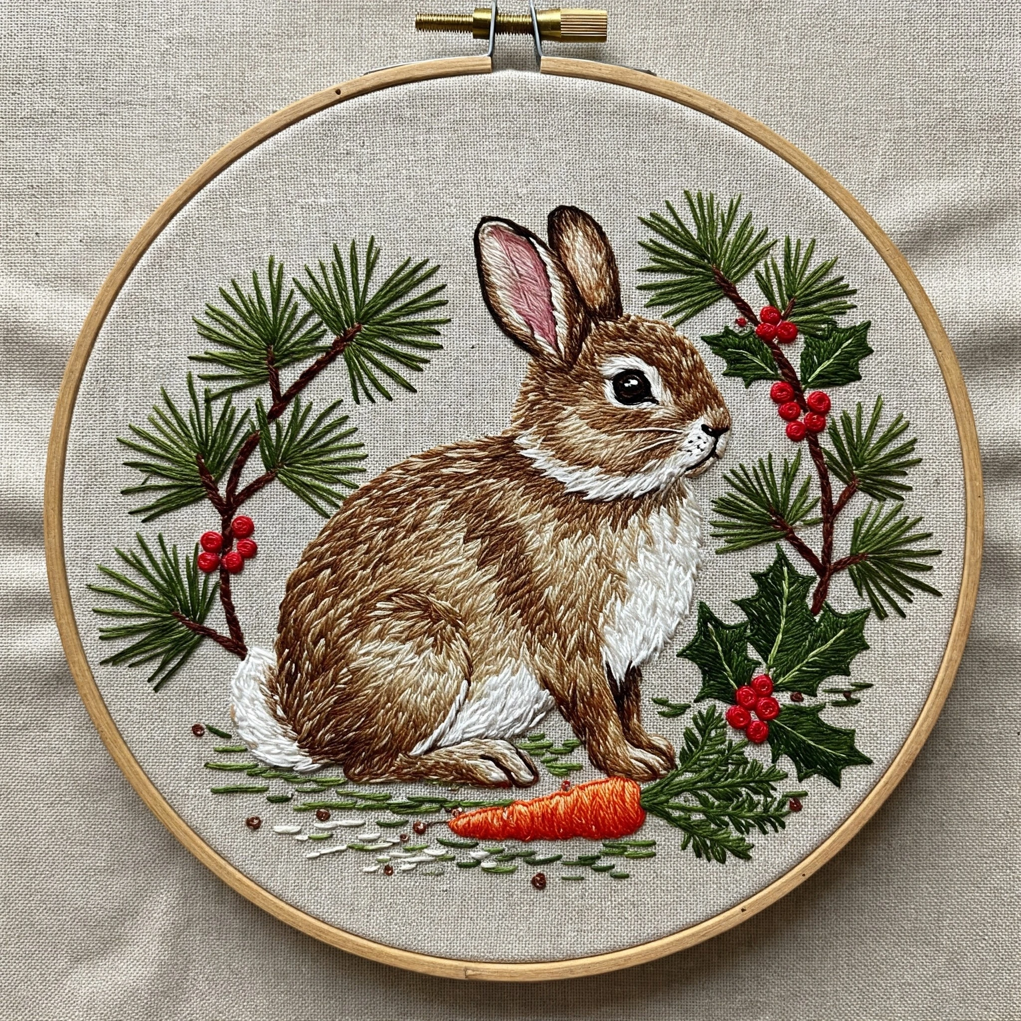 Winter Rabbit with Holly and Pine Embroidery