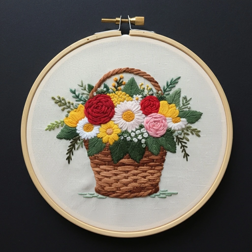 Woven Basket Floral Arrangement Embroidery