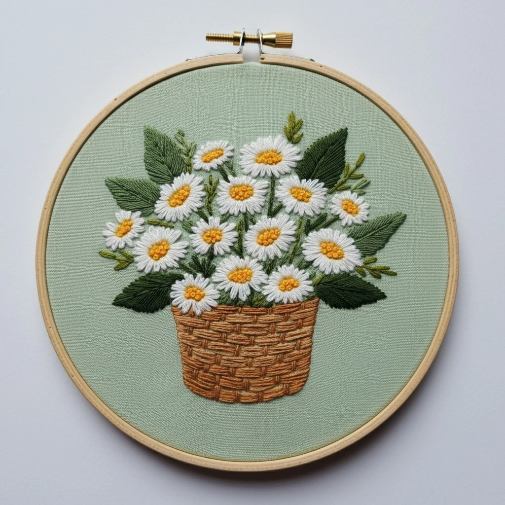 Woven Basket of Daisies Embroidery Art