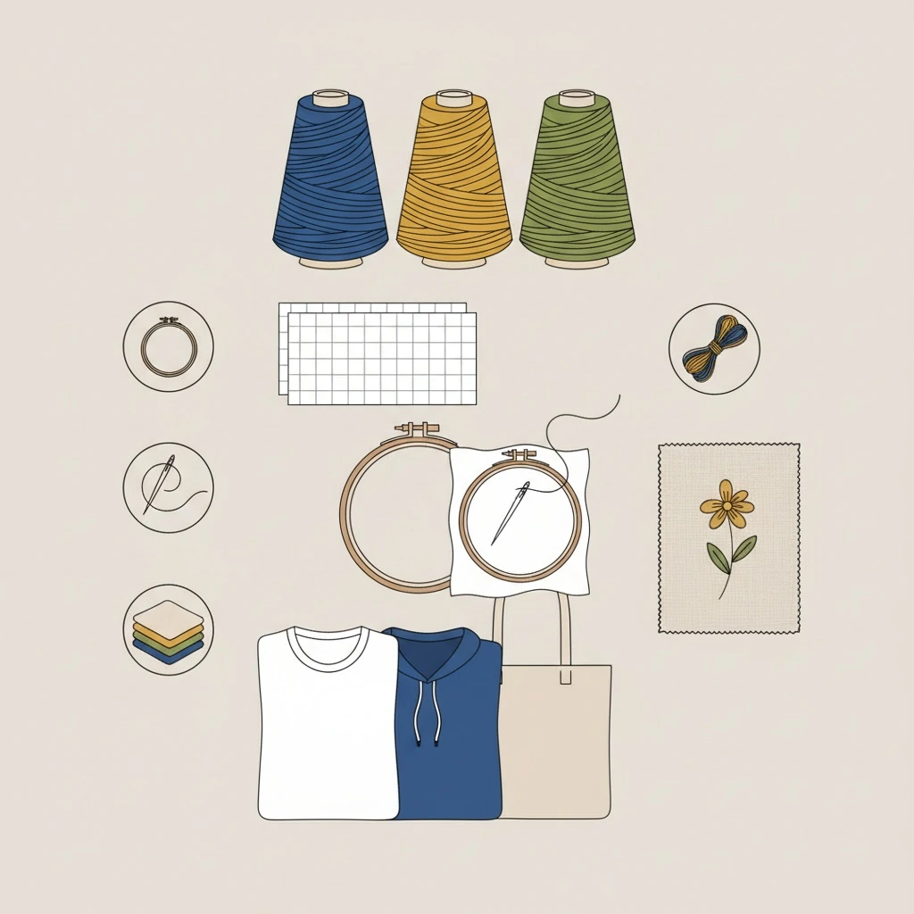 Tools and materials setup for how to charge for embroidery with an embroidery hoop on linen fabric.