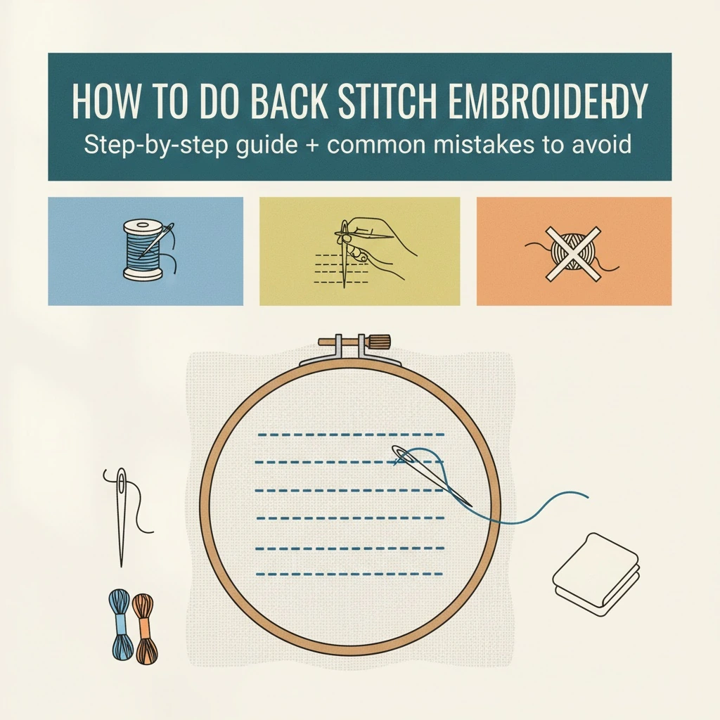 Embroidery still life illustrating how to do back stitch embroidery with hoop, linen fabric, thread, and tools on a clean surface.