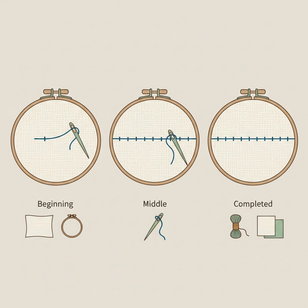 Tools and materials setup for how to do back stitch embroidery with an embroidery hoop on linen fabric.