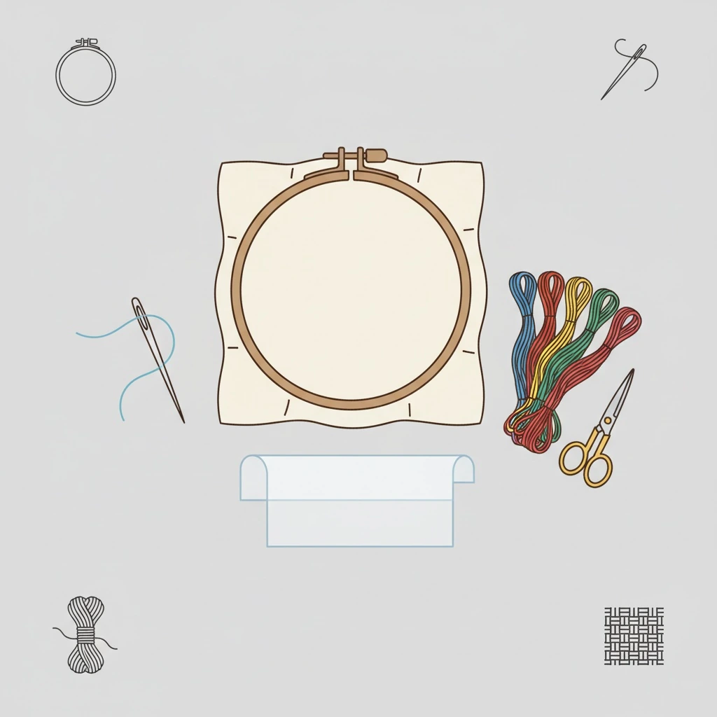 Tools and materials setup for how to do embroidery on clothes with an embroidery hoop on garment fabric.