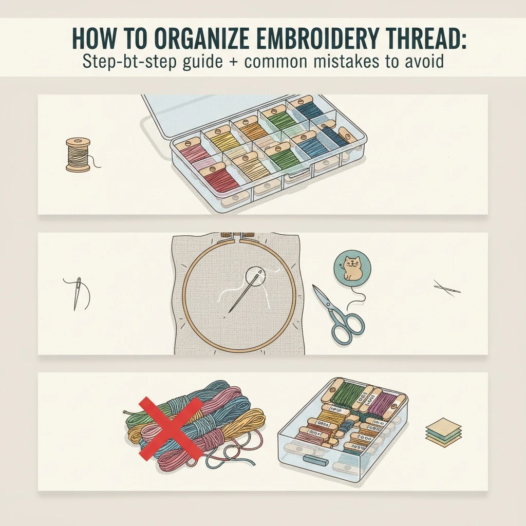 Embroidery still life illustrating how to organize embroidery thread with hoop, linen fabric, thread, and tools on a clean surface.