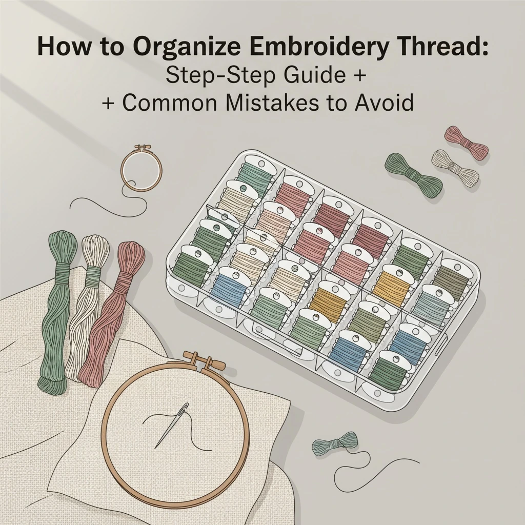 Tools and materials setup for how to organize embroidery thread with an embroidery hoop on linen fabric.