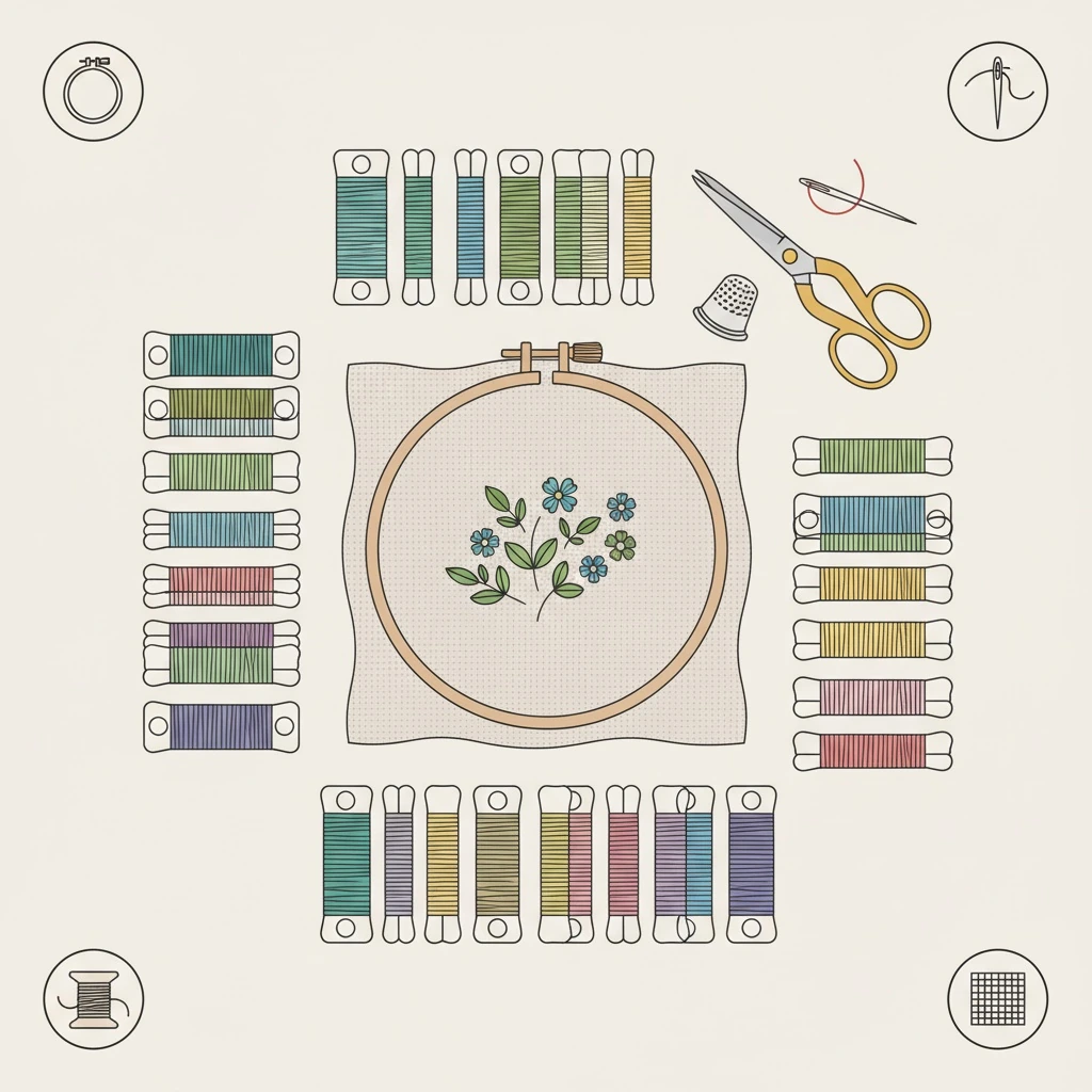 In-progress embroidery demonstration for how to organize embroidery thread in a hoop on linen fabric.