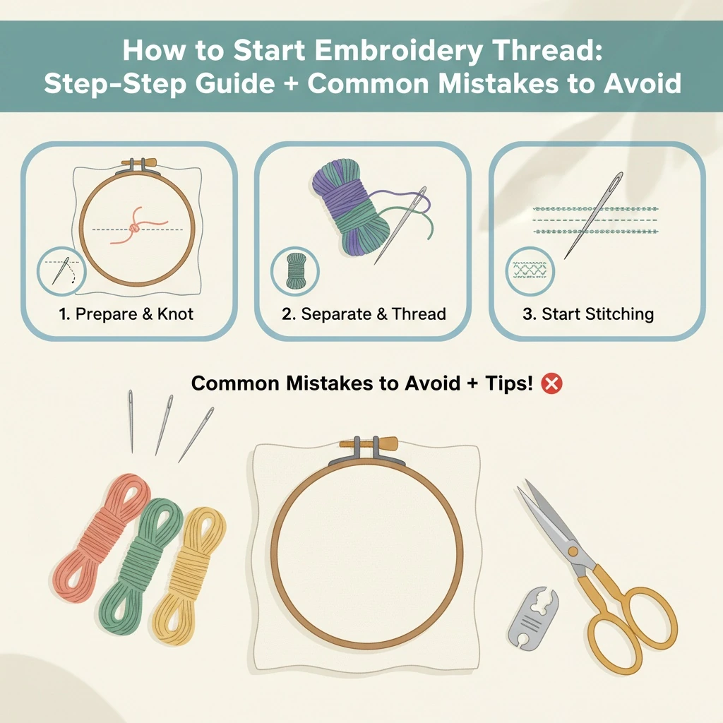 Embroidery still life illustrating how to start embroidery thread with hoop, linen fabric, thread, and tools on a clean surface.