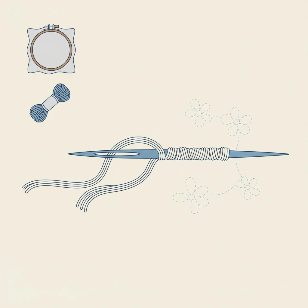 Tools and materials setup for how to start embroidery thread with an embroidery hoop on linen fabric.