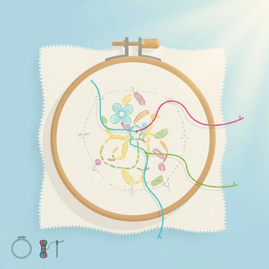 In-progress embroidery demonstration for how to start embroidery thread in a hoop on linen fabric.