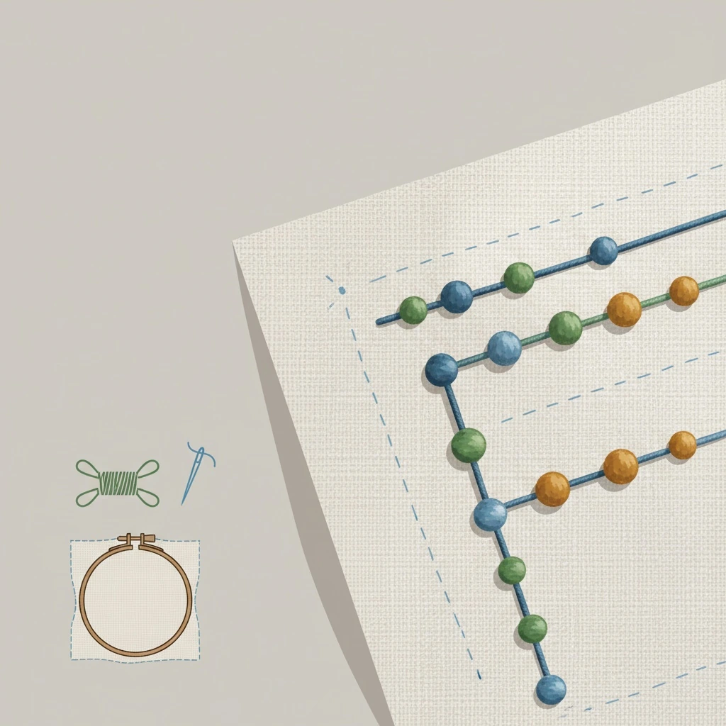 Macro close-up of stitching detail on linen fabric related to how to start embroidery thread.