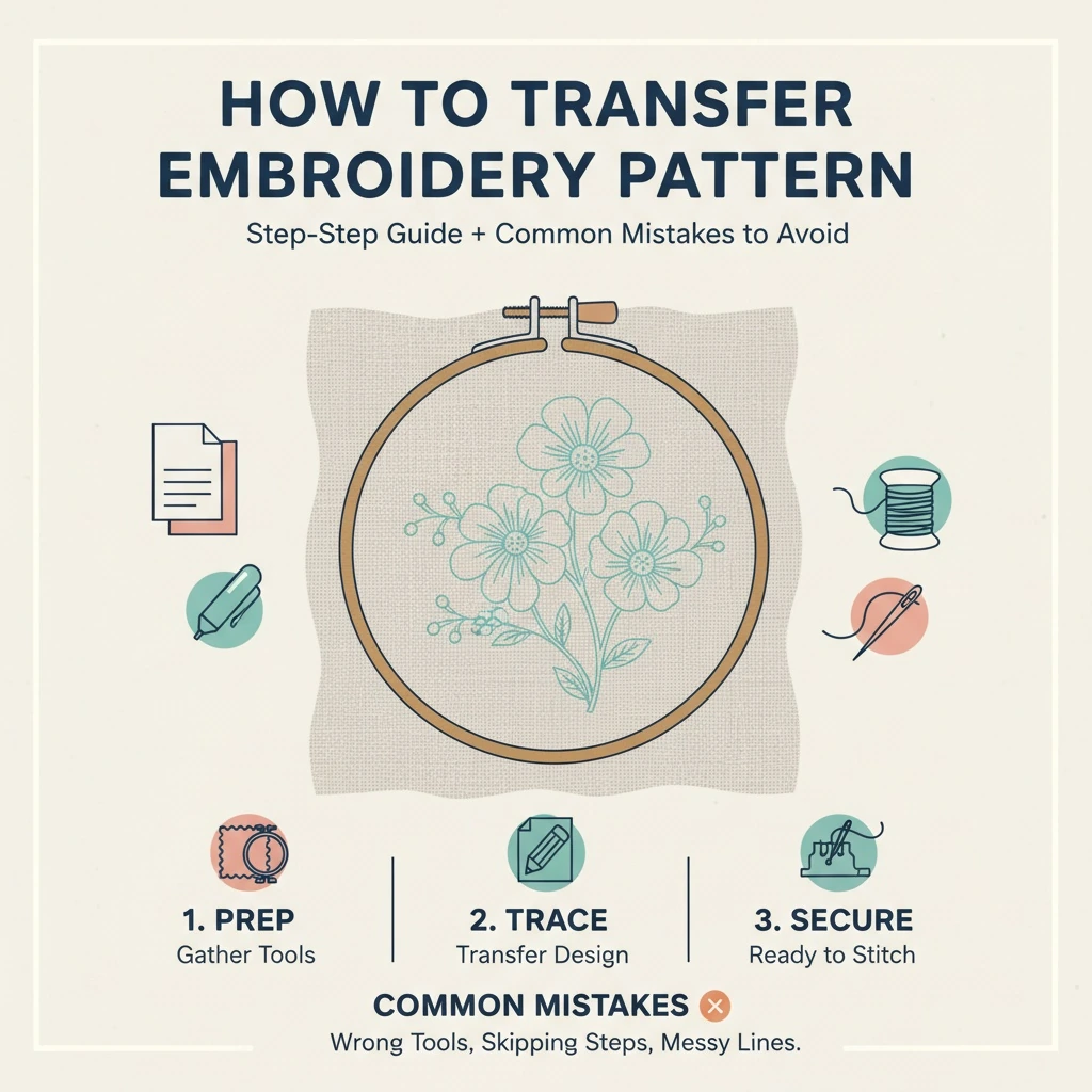 Embroidery still life illustrating how to transfer embroidery pattern with hoop, linen fabric, thread, and tools on a clean surface.