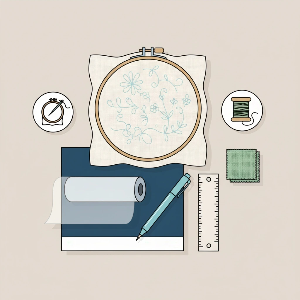 Tools and materials setup for how to transfer embroidery pattern with an embroidery hoop on linen fabric.