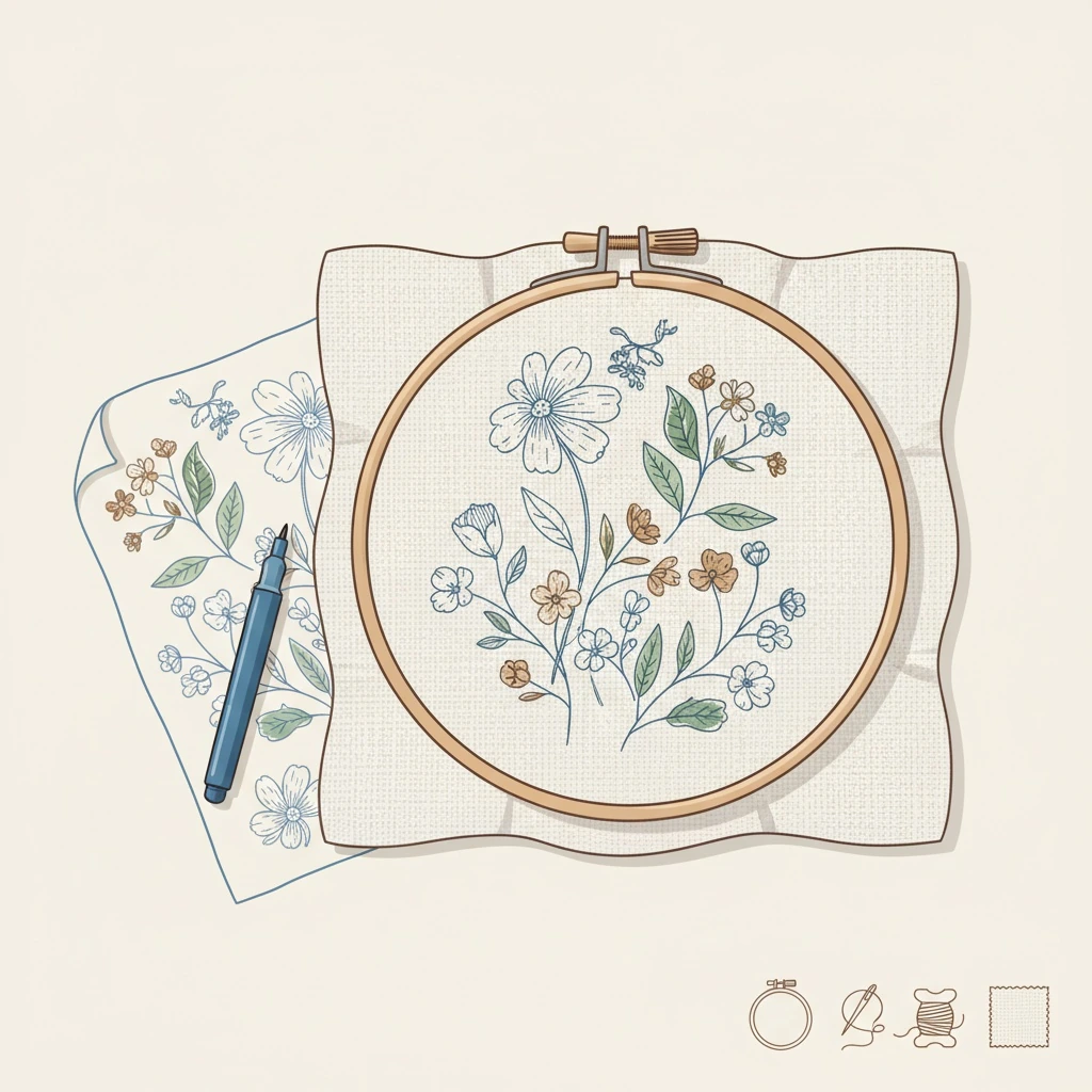 In-progress embroidery demonstration for how to transfer embroidery pattern in a hoop on linen fabric.