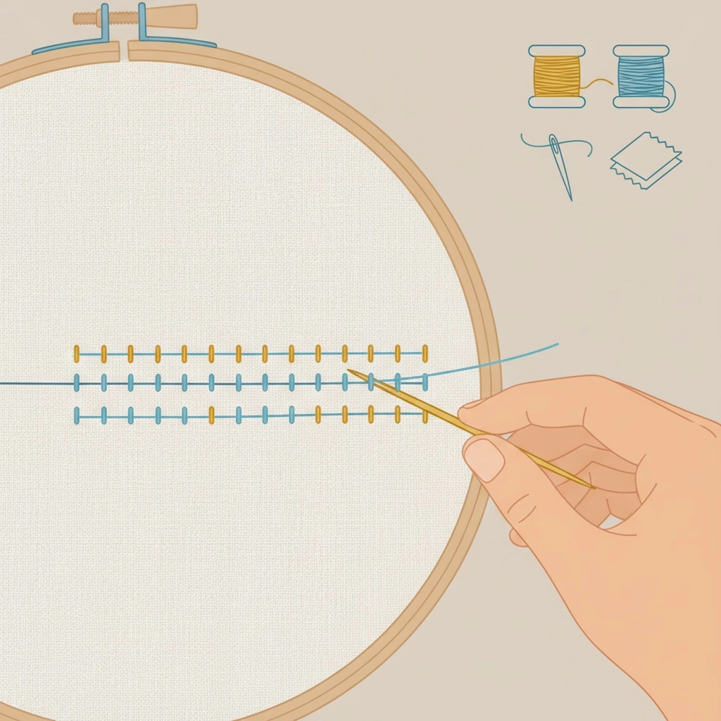 Macro close-up of stitching detail on linen fabric related to how to transfer embroidery pattern.