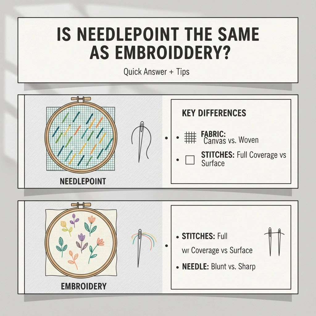 Embroidery still life illustrating is needlepoint the same as embroidery with hoop, linen fabric, thread, and tools on a clean surface.
