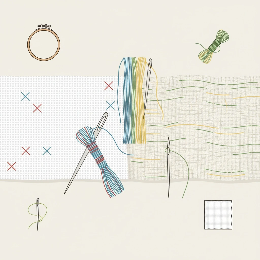 Tools and materials setup for is needlepoint the same as embroidery with an embroidery hoop on linen fabric.