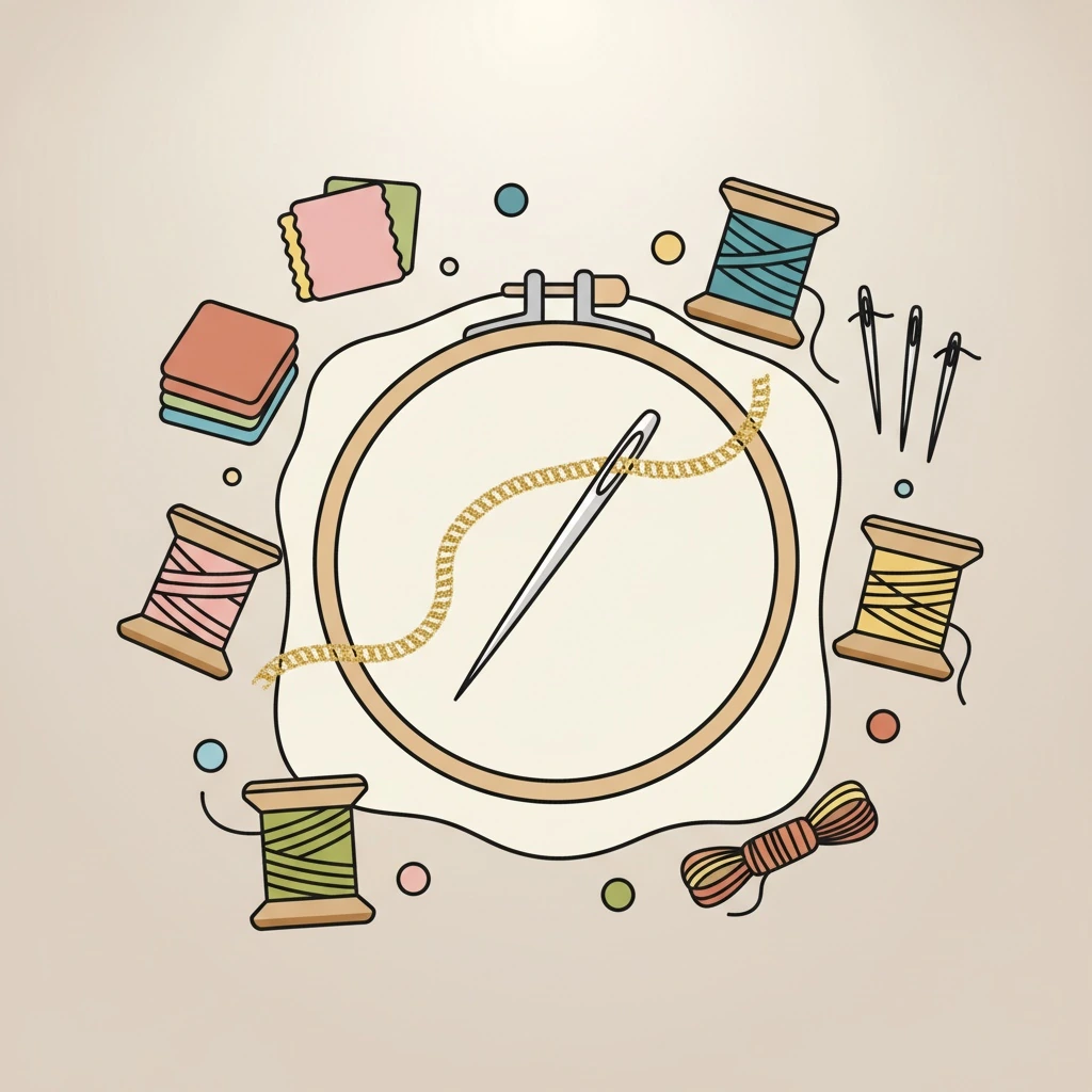 Tools and materials setup for what do you need for embroidery with an embroidery hoop on linen fabric.