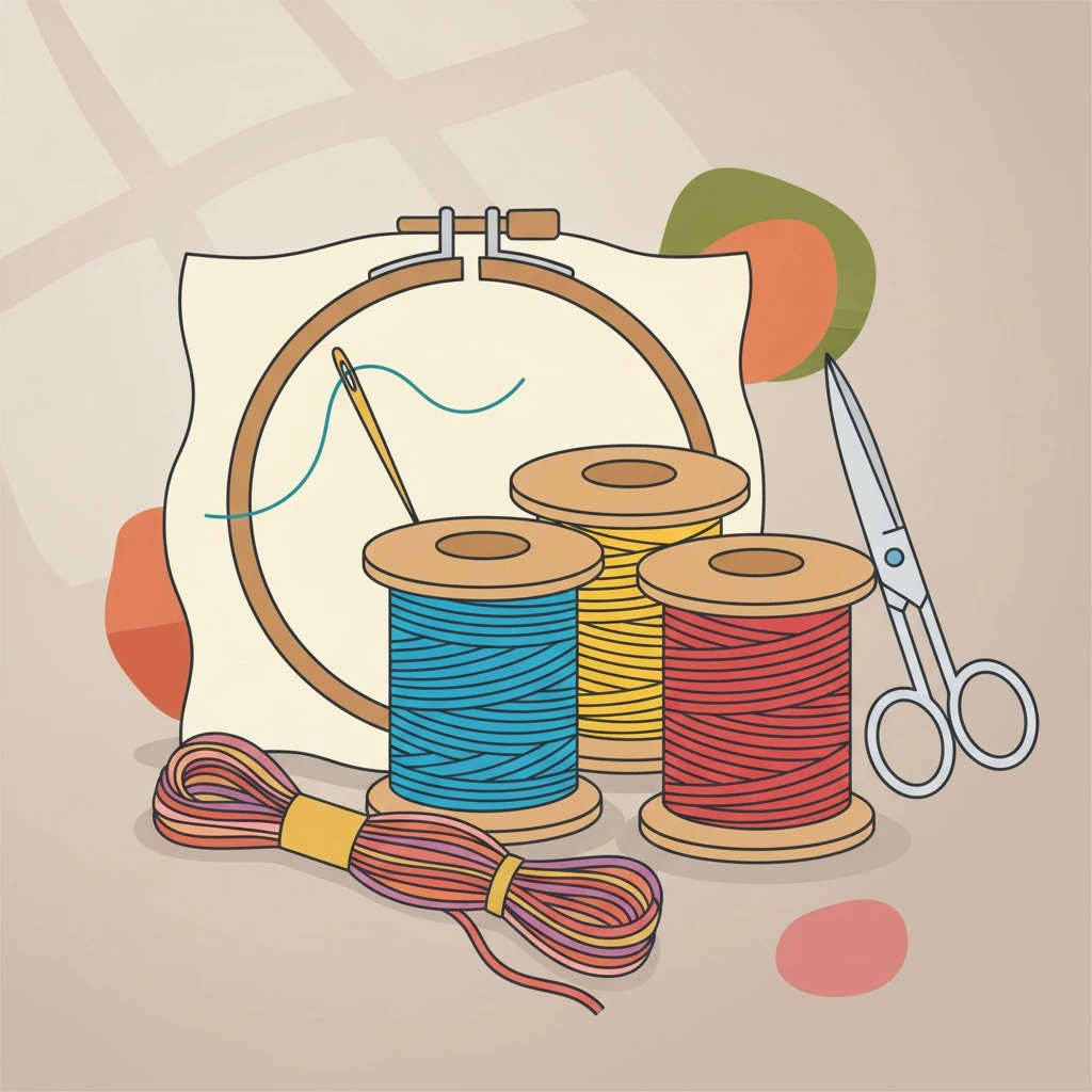 Tools and materials setup for what is embroidery thread with an embroidery hoop on linen fabric.