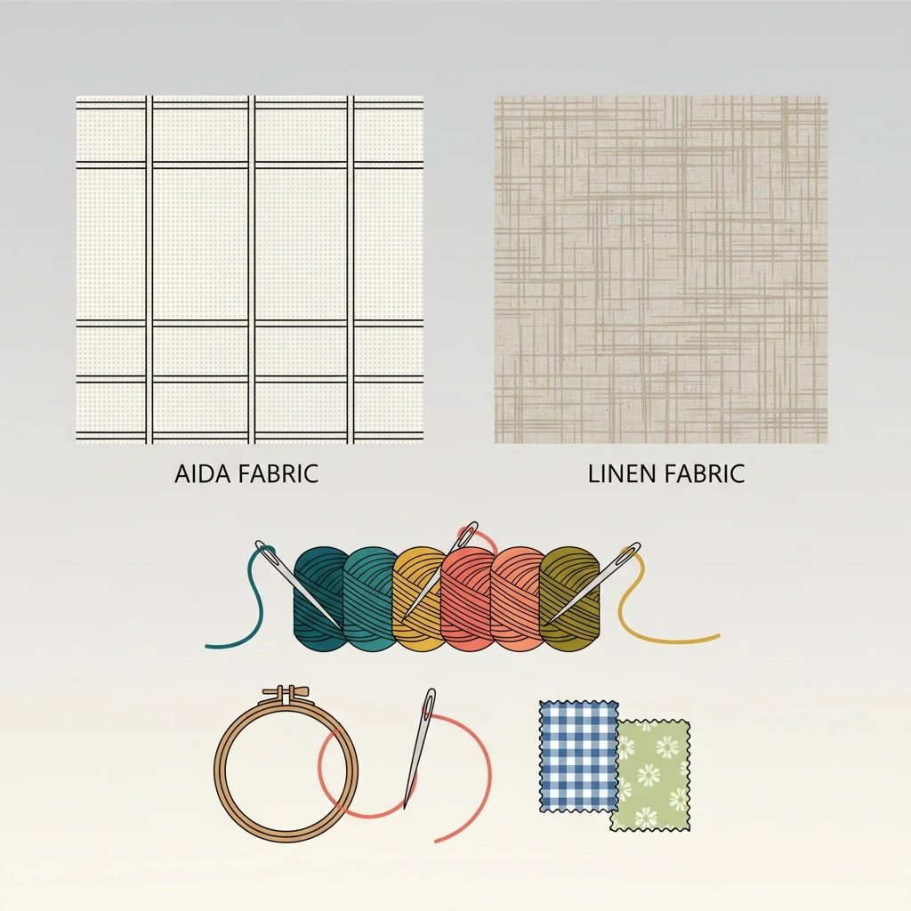 Tools and materials setup for what is the difference between embroidery and needlepoint with an embroidery hoop on linen fabric.