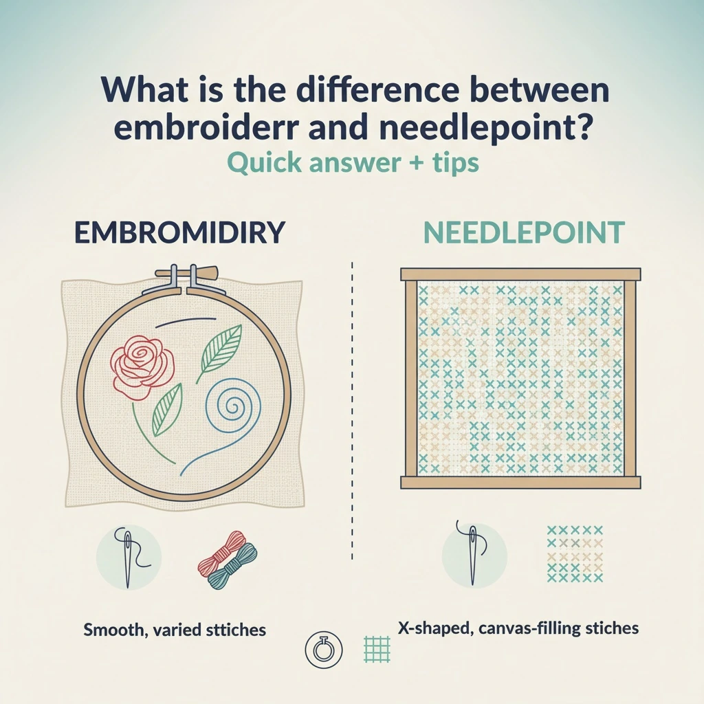 In-progress embroidery demonstration for what is the difference between embroidery and needlepoint in a hoop on linen fabric.