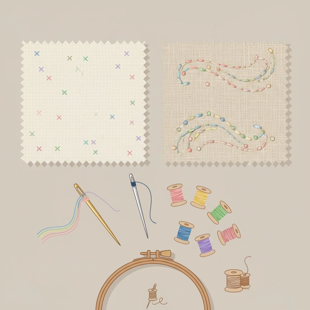 Tools and materials setup for what is the difference between needlepoint and embroidery with an embroidery hoop on linen fabric.