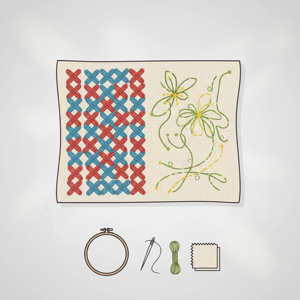 In-progress embroidery demonstration for what is the difference between needlepoint and embroidery in a hoop on linen fabric.