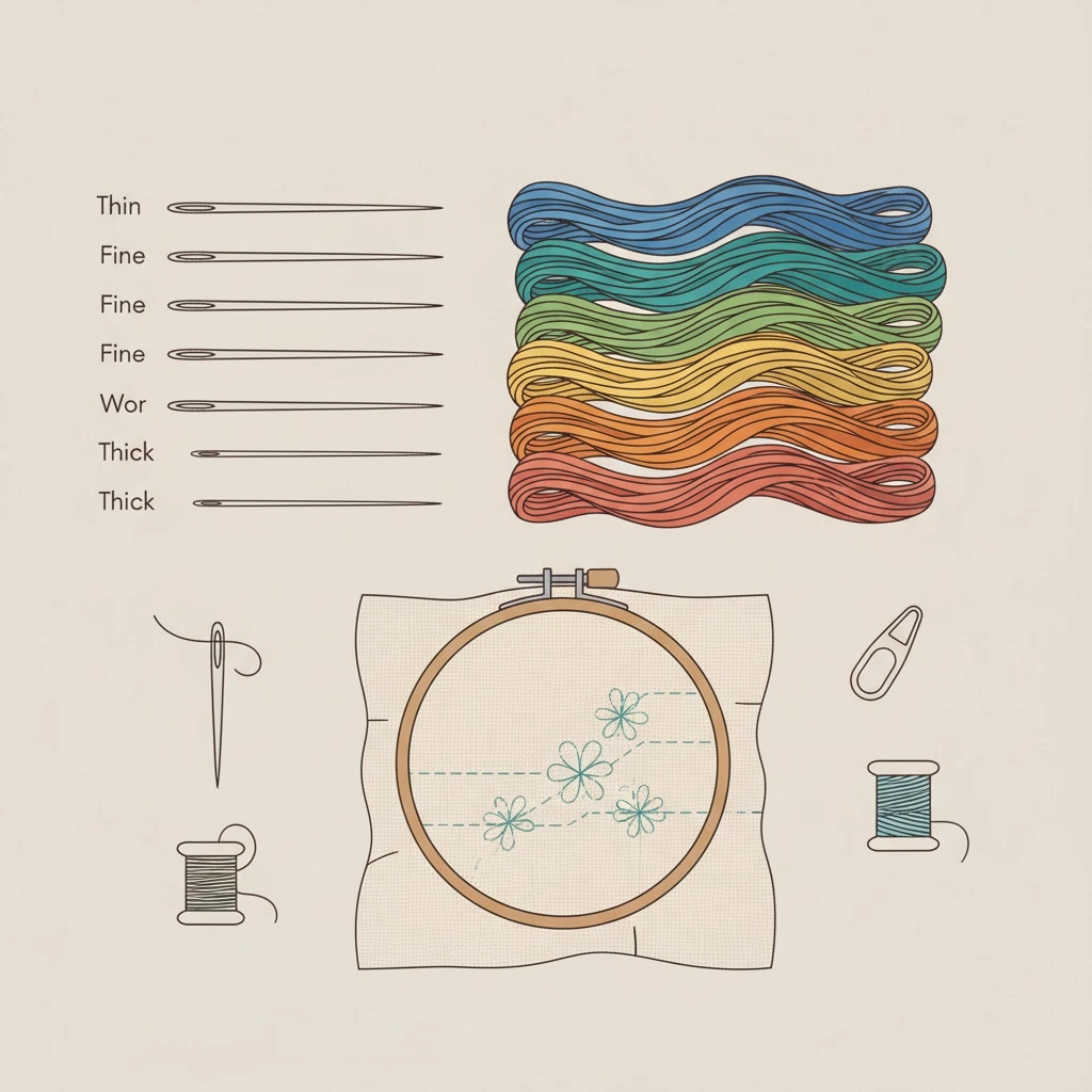 Tools and materials setup for what size needle for embroidery with an embroidery hoop on linen fabric.