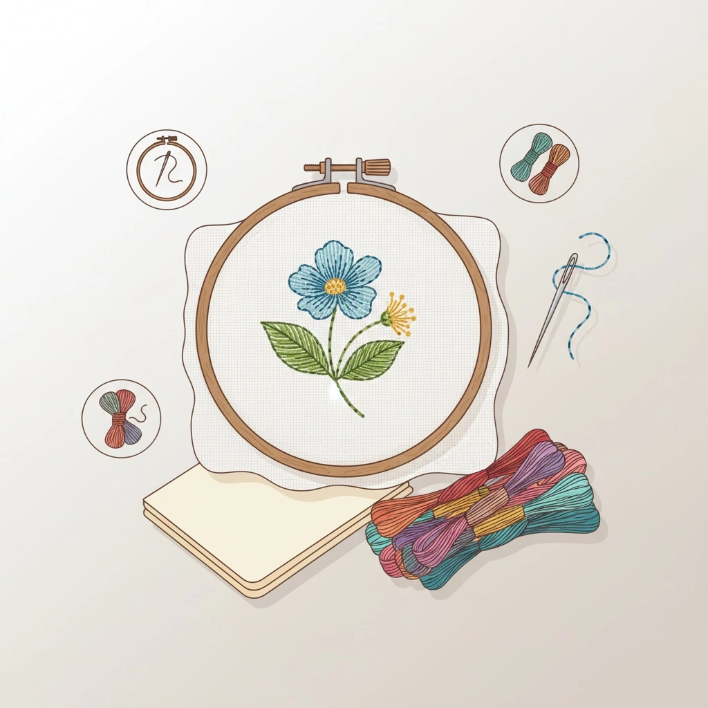 Tools and materials setup for what's embroidery with an embroidery hoop on linen fabric.