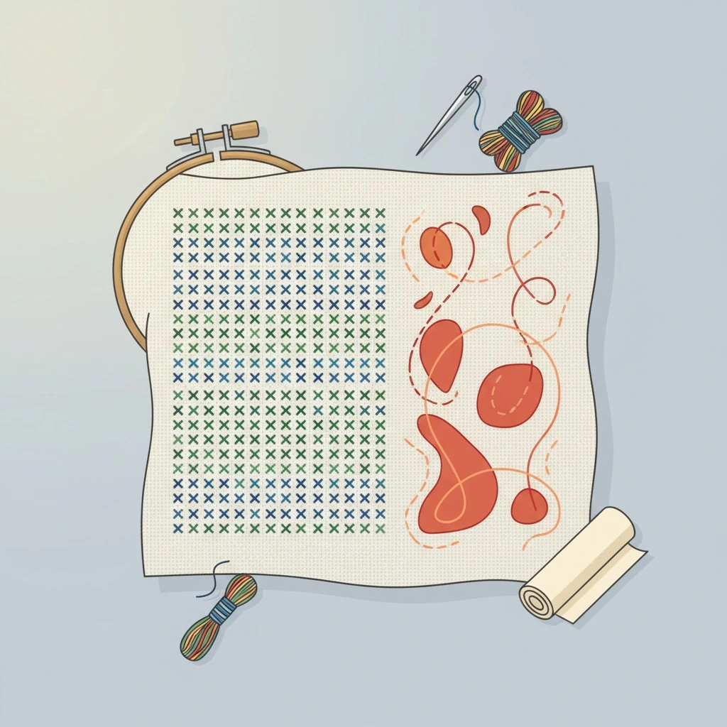 In-progress embroidery demonstration for what's the difference between needlepoint and embroidery in a hoop on linen fabric.