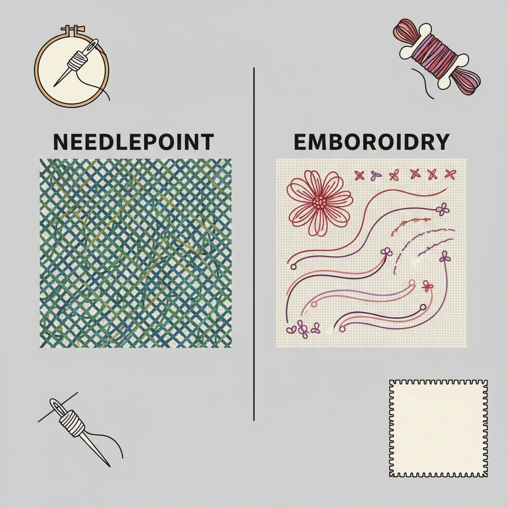Macro close-up of stitching detail on linen fabric related to what's the difference between needlepoint and embroidery.