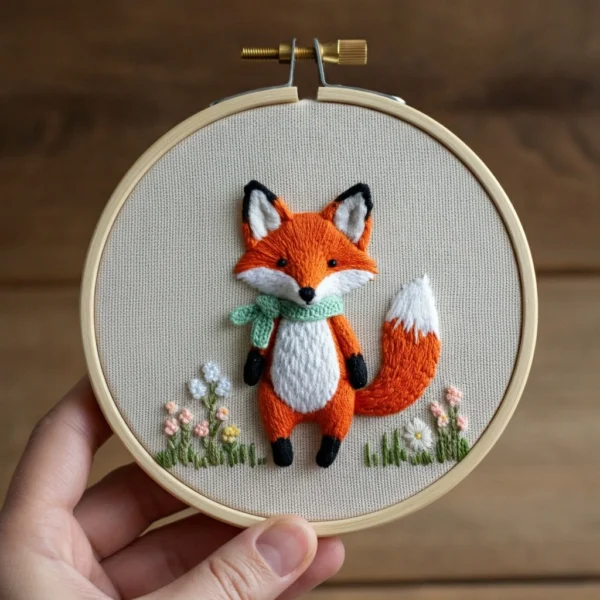 Adorable 3D Fox Embroidery with Scarf | Hand Embroidery Pattern PDF