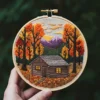 Autumn Cabin Landscape Embroidery | Hand Embroidery Pattern PDF