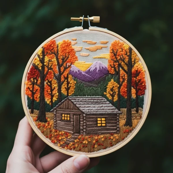 Autumn Cabin Landscape Embroidery | Hand Embroidery Pattern PDF