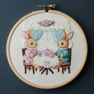 Bunny Tea Party by the Window | Hand Embroidery Pattern PDF