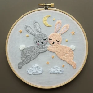 Dreamy Hugging Bunnies Under the Moonlight | Hand Embroidery Pattern PDF