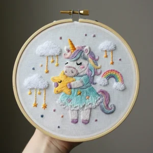 Dreamy Unicorn Holding a Golden Star | Hand Embroidery Pattern PDF
