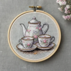 Elegant Floral Cross Stitch Tea Set | Hand Embroidery Pattern PDF