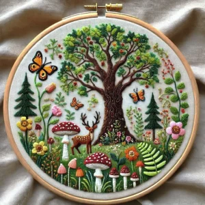 Enchanted Forest with Tree, Deer & Mushrooms | Hand Embroidery Pattern PDF