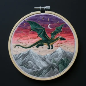 Fantasy Dragon Soaring Over Majestic Mountains | Hand Embroidery Pattern PDF