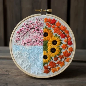 Four Seasons Split: Cherry Blossoms, Sunflowers & Snowflakes | Hand Embroidery Pattern PDF