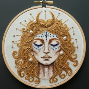 Golden Celestial Goddess Portrait Embroidery | Hand Embroidery Pattern PDF