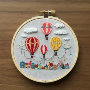 Hot Air Balloon Cityscape Embroidery | Hand Embroidery Pattern PDF