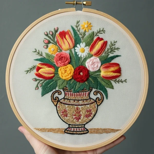 Ornate Floral Vase Arrangement | Hand Embroidery Pattern PDF