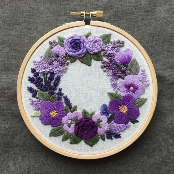 Purple Floral Wreath Embroidery | Hand Embroidery Pattern PDF