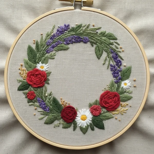 Roses, Lavender & Daisy Botanical Wreath | Hand Embroidery Pattern PDF