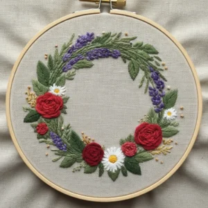 Roses, Lavender & Daisy Botanical Wreath | Hand Embroidery Pattern PDF