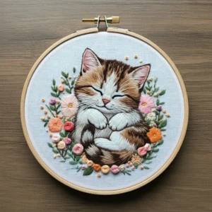Sleeping Kitten in a Floral Wreath | Hand Embroidery Pattern PDF