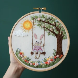 Whimsical Bunny on a Swing Under a Sunny Tree | Hand Embroidery Pattern PDF